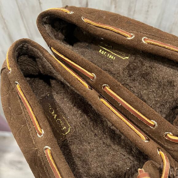 Coach Antonia Java Brown Suede Signature Logo Sherpa Lined Moccasins Size 8.5 - Picture 4 of 6